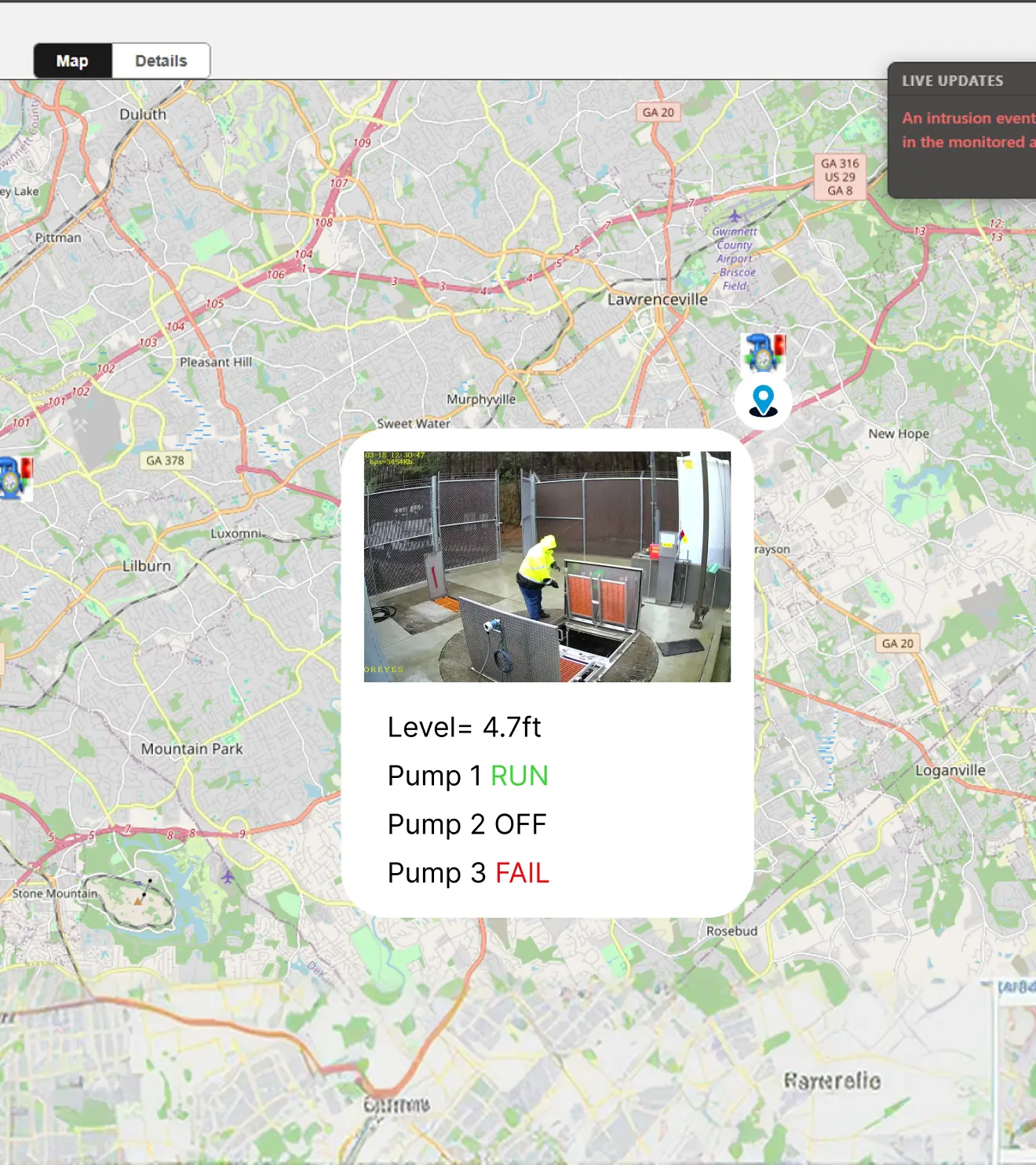 Memoreyes Municipal A map with a live updates box in the center, showing a person in a yellow vest inspecting a water pump