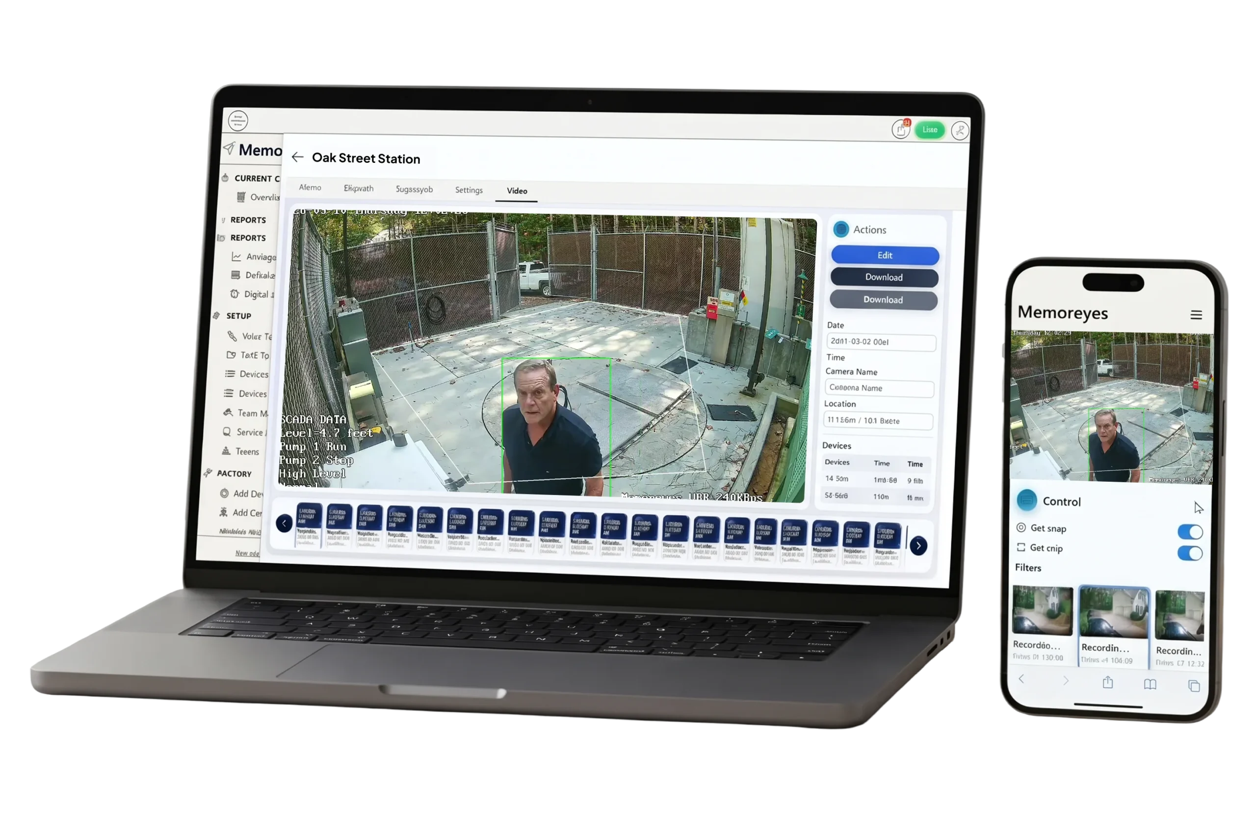 A laptop and smartphone screen display the Memoreyes Municipal software, showing a video feed of a man in a black shirt in a