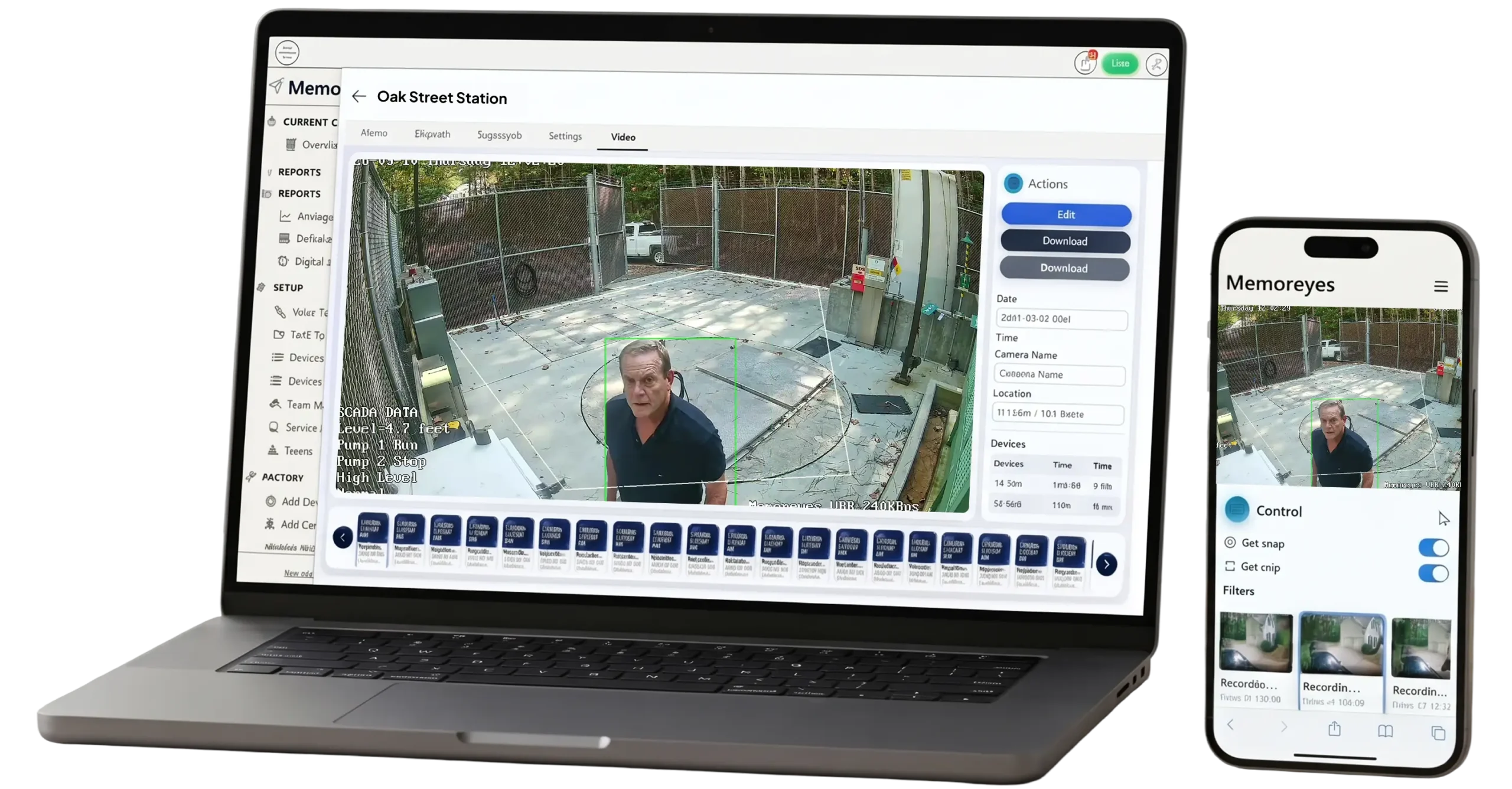 A laptop and smartphone screen displaying the Memoreyes Municipal app, showing a man's face and a video feed of a street