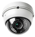 A white security camera with a black lens and a white housing, set against a black background, representing Memoreyes
