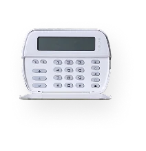 A white, compact, and modern-looking device with a small screen and a grid of buttons, likely a keyless entry or access