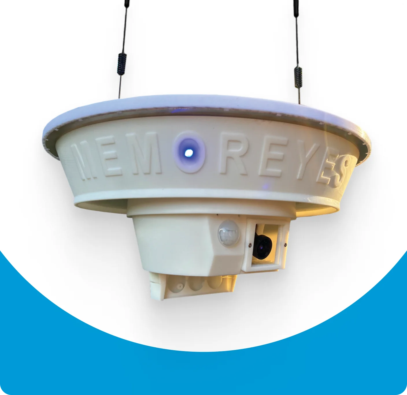 A white, round, Memoreyes Municipal device with a blue light and a camera lens, suspended from the ceiling by two black